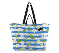 Blue White Striped Calla Lily Daisy Flower Canvas Tote Large Capacity Kitchen Grocery Bags Casual Shopping Bag for Women Wedding Party,Travel,Laundry bolsas Grandes para Mujer