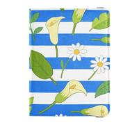 Blue White Striped Calla Lily Daisy Flower Leather Passport Card Holder Cover Combo for travel Travel Documents Organizer Protector Passport Cover for men Lightweight, Blue white striped Calla lily