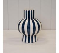 Blue & White Striped Ceramic Glazed Flower Display Vases - (Round Vase)