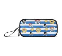 Blue White Striped Coastal Pirate Skeleton Nylon Pencil Bags for Teen Girls High Capacity Pencil Cases for Teen Girls Stationery for Office Kids