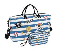 Blue White Striped Coastal Pirate Skull Decorative Duffel Bags Sport Training Bag with Adjustable Strap for Business Trips 2 Pcs Set Bolsa de lona para