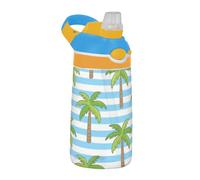 Blue White Striped Coconut Palm Water Bottle with Silicone Straw Wide Mouth Leakproof Travel Water Bottle for School Boys Girls termos para agua Fria
