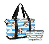 Blue White Striped Dog Bone Carry On Tote Bag with Wet Pocket Adjustable Strap Large Gym Bag for Trekking 2 Pcs Set for Men Women