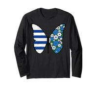 Blue White Striped Floral Butterfly Art Long Sleeve T-Shirt