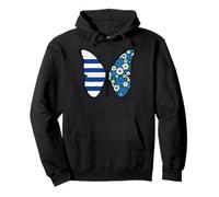 Blue White Striped Floral Butterfly Art Pullover Hoodie