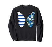 Blue White Striped Floral Butterfly Art Sweatshirt