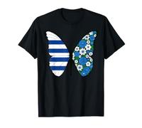 Blue White Striped Floral Butterfly Art T-Shirt