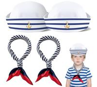 Blue White Striped Hat and Scarf with Red Trim - Complete Nautical Set: Captain White Boat Hat for Men, Men's Hats & Women's Hats, One Size for Sailor Costume
