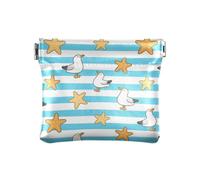 Blue White Striped Starfish Seagull Small Leather Coin Purse Unique Pocket Purse Makeup Bag for Women Girls