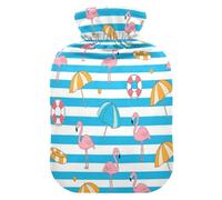 Blue White Striped Summer Flamingo hot Bottle Water Bag with Soft Cover, 2L hot Water Bag for Arthritis, Arthritis