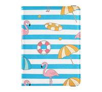 Blue White Striped Summer Flamingo Leather family passport holder for travel Wallet Combo Document Organizer Holder Accessories for women Ultra Slim, Blue white striped summer Flamingo, One Size