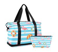 Blue White Striped Summer Flamingo Oversized Travel Duffel Bag with Wet Pocket Adjustable Strap Tote Bag for Travel Waterproof for Men Women