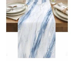 Blue White Table Runner 13 x 108 Inch, Marble Abstract Art Stone Crack Texture Washable Cotton Linen Dining Table Runner Tabletop Decorations for Restaurant Home Kitchen Party