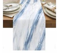 Blue White Table Runner 13 x 90 Inch, Marble Abstract Art Stone Crack Texture Washable Cotton Linen Dining Table Runner Tabletop Decorations for Restaurant Home Kitchen Party