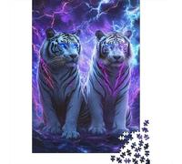 Blue White Tigers Jigsaw Puzzle for Adults 1000 Piece Jigsaw Puzzle Lightning Effect Puzzle Game for Family Paper Puzzle Home Decor 38x26cm/1000pcs
