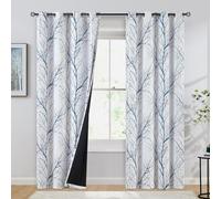 Blue-White Tree Blackout Curtains for Bedroom 84" Long Blue Grey Branch Curtain Drapes for Living Room Triple Weave Energy Saving Full Blackout Window Curtains for Summer Winter 2pcs Grommet Top