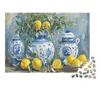 Blue White Vases Still Life 1000pc Lemon Blue Vase Heavy-duty Cardboard Jigsaw Puzzle for Adults Brain Teaser Lovers Team Building Activity Leisure Entertainment 52x38cm/1000pcs