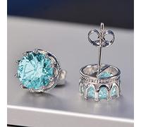 Blue/White Zircon Earrings in Crown Setting 18k Gold Plated 925 Silver Cubic Zirconia Halo Earrings for Women Men CZ Crystal Hypoallergenic Stud Earring for Wedding Brides Gift