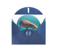 Blue WHJSHOP Fat hippopotamus floating in the water Prints Greeting Card - High-End Pearlescent Paper Double Sided Pearl Effect Love Buckle Pearl Paper Envelope