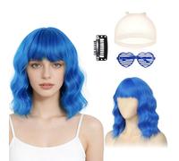 Blue Wig, Blue Mermaid Wigs for Women, Bob Wig and Sunglass Set, Womens Shoulder Length Loose Curly with Bangs for Halloween Christmas Party