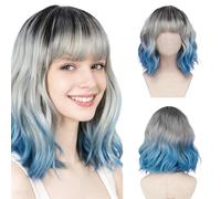 Blue Wig with Bangs, 14 Inches Silver Blue Gradient Short Bob Curly Wig for Women, Wavy Bob Wigs for Cosplay Party
