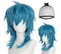 Blue Wig with Bangs Aqua Cosplay Wig Shoulder Length Hair with Bangs Short Layered Medium Light-blue Wigs for Men Women Anime Outfit for Halloween Party Blue Mullet Wigs+Hair Cap