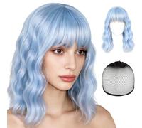 Blue Wig with Hair Net, Blue Wigs for Women with Fringe, Light Blue Wig for Cosplay Events and Themed Parties, 35cm Synthetic Blue Bob Wig