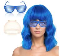 Blue Wigs,Wavy Short Mermaid Wigs and Sunglass Set with Wig Cap,Shoulder Length Curly Synthetic with Fringe,for Christmas Masquerade Cosplay Party Use