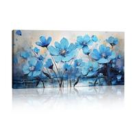 Blue Wildflower Large Canvas Wall Art, Framed Abstract Peony Poppy Floral Wall Paintings Nature Flowers Scenery Canvas Prints Pictures Minimalist Artwork for Living Room Bedroom Wall Decor 50x100cm