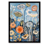 Blue Wildflower Sea Garden Painting Modern Floral Framed Art Print Artery8 Blue A4