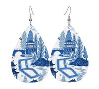 Blue Willow Ancient Ming China Chinoiserie Dangle Earrings Printed Leather Earrings Fashion Ear Pendants For Beach Mother'S Day