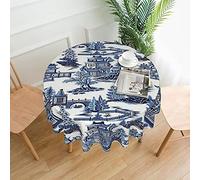 Blue Willow Ancient Ming China Chinoiserie Round Tablecloth Spill Water Proof for Outdoor Indoor Table 60 inch
