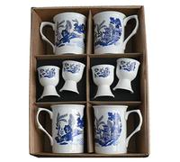 Blue Willow Pattern Bone China Mugs with Matching Egg Cups - Set of 4 Gift Boxed 10oz China Mugs & 4 eggcups Each Decorated with Blue Willow Pattern
