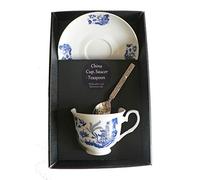 Blue willow pattern cup and saucer set boxef, bone china gift boxed set wtih teaspoon