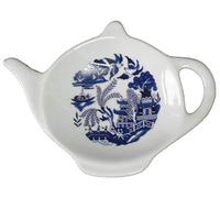 Blue Willow Porcelain Teabag Tidy. Teapot Shaped Teabag Tidy with Willow Pattern