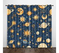 Blue Window Curtain Blackout Golden Planets UV Protection Thermal Insulation Window Drapes With Grommet Curtains for Living Room Windows Bedroom Study W85 x L200 CM 2 Panels