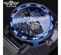 (blue) Winner Golden Watches Men Skeleton Mechanical Watch Crystal Mesh Slim Stainless Steel Band Top Brand Luxury Hand Wind Wristwatch Business Watch