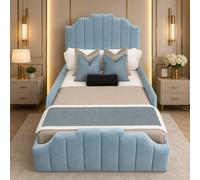 (Blue (with Mattress), 4ft Small Double (with Gaslift)) Elegant Art Deco Crown Bed Frame Kids & Adults Beds Plush Velvet with Mattress & Gas Lift Storage