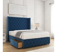 (Blue (without Mattress), 4ft6" Double) Ruby Divan Double Bed Frame with Mattress Included Plush 54inch Wingback Chesterfield Headboard 2 Storage Drawers Footend Side