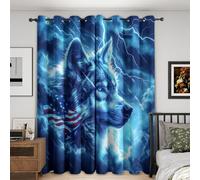Blue Wolf Curtains for Bedroom 46x54, American Flag Fantasy Animal Curtains Blackout Living Room Home Decor, Printed Window Eyelet Drapes 54 Inch Drop 2 Panels L13