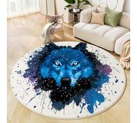 Blue Wolf Head Round Rugs, Washable Non-Slip Rug, Ink Graffiti Animals Round Area Rugs 60 Cm, For Living Room Bedroom Hallway Study Coffee Table Bedside Rug