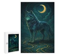 Blue Wolf Under Crescent Moon - Wooden Art Puzzle, 1000 PCS, Mindful Gift for Adults, for Mindful Indoor Entertainment