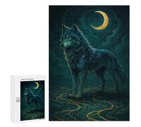 Blue Wolf Under Crescent Moon - Wooden Brain Teaser for Adults, 300 PCS, Gift for Puzzle Lovers, with A Decorative Finished Picture