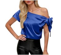 Blue Women Satin Blouse Off Shoulder Tie Knot Silk Party Tops Fashion Solid Short Sleeve Office Work Wear Tunic Shirts Elegant Comfy Pleated Shirt Happy New Year Clothes Womens Shirt L