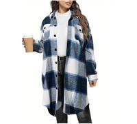 Blue Women's Long Plaid Shirt, Long Sleeve Button Down Tunic Tops with Pockets, Asymmetric Hemline Checked Print Open Front Cardigan, Casual Shirt Jackets Overshirt Checkered Coats XL