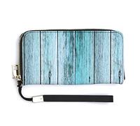 Blue Wood Texture, Turquoise Wooden Pattern, Retro Style Long Clutch Wallet, Long Handbag with Removable Wristlet Strap, PU Leather Zip Purse, Credit Pass Case Card-Holder for Men Women