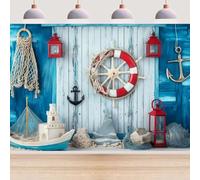 Blue Wooden Nautical Photo Background Summer Nautical Theme Baby Shower Birthday Party Decoration Sailing Ship Boat Rudder Fishing Net Summer Nautical Holiday Backdrop (8X6FT)