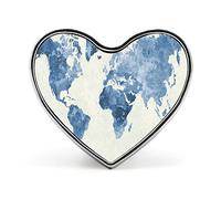 Blue World Map in Watercolor Painting Abstract Splatters Heart Brooch Pin, Unisex Smooth Surface Lapel Tie Pin, Lightweight Badge Jewelry Crafts Decor for Costume Accessory Men Women