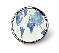 Blue World Map in Watercolor Painting Abstract Splatters Round Brooch Pin, Unisex Smooth Surface Lapel Tie Pin, Lightweight Badge Jewelry Crafts Decor for Costume Accessory Men Women