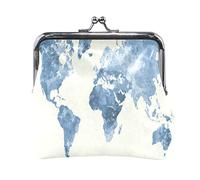 Blue World Map in Watercolor Painting Abstract Splatters Women Leather Mini Buckle Coin Purse, Clasp Kiss Lock Closure Card Key Change Wallet for Women Girls Men Girl